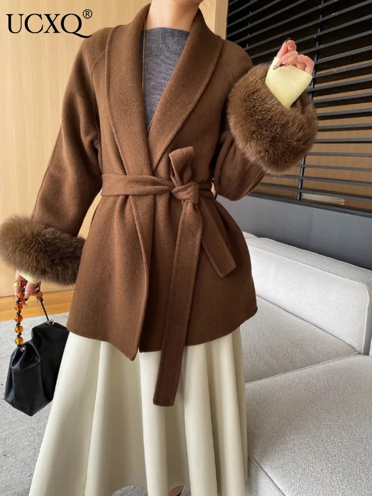 UCXQ Solid Colored Woolen Coat Elegant Temperament Cuffs Fox Fur Lace Up Waist All Match Women's Outerwear 2025 New Winter C2812