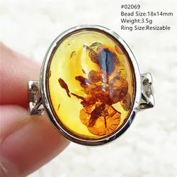 Genuine Natural Piebald Amber Adjustable Ring Gemstone Yellow Amber Ring Women Oval Beads 925 Sterling Silver AAAAA