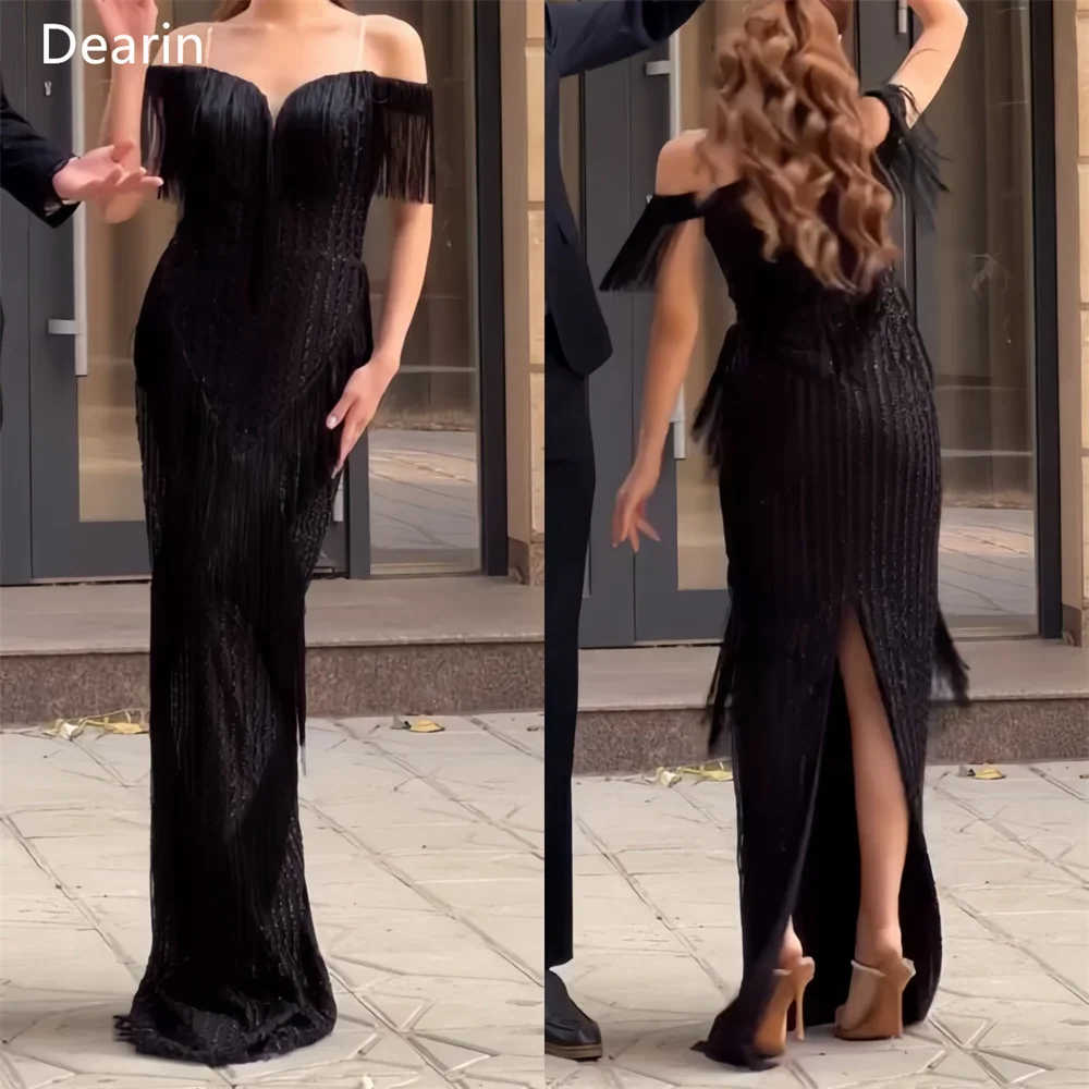 

Customized Evening Gown Women Prom Dearin Off-the-shoulder Column Floor Length Skirts Tassel Bespoke Occasion Dresses Formal Dre