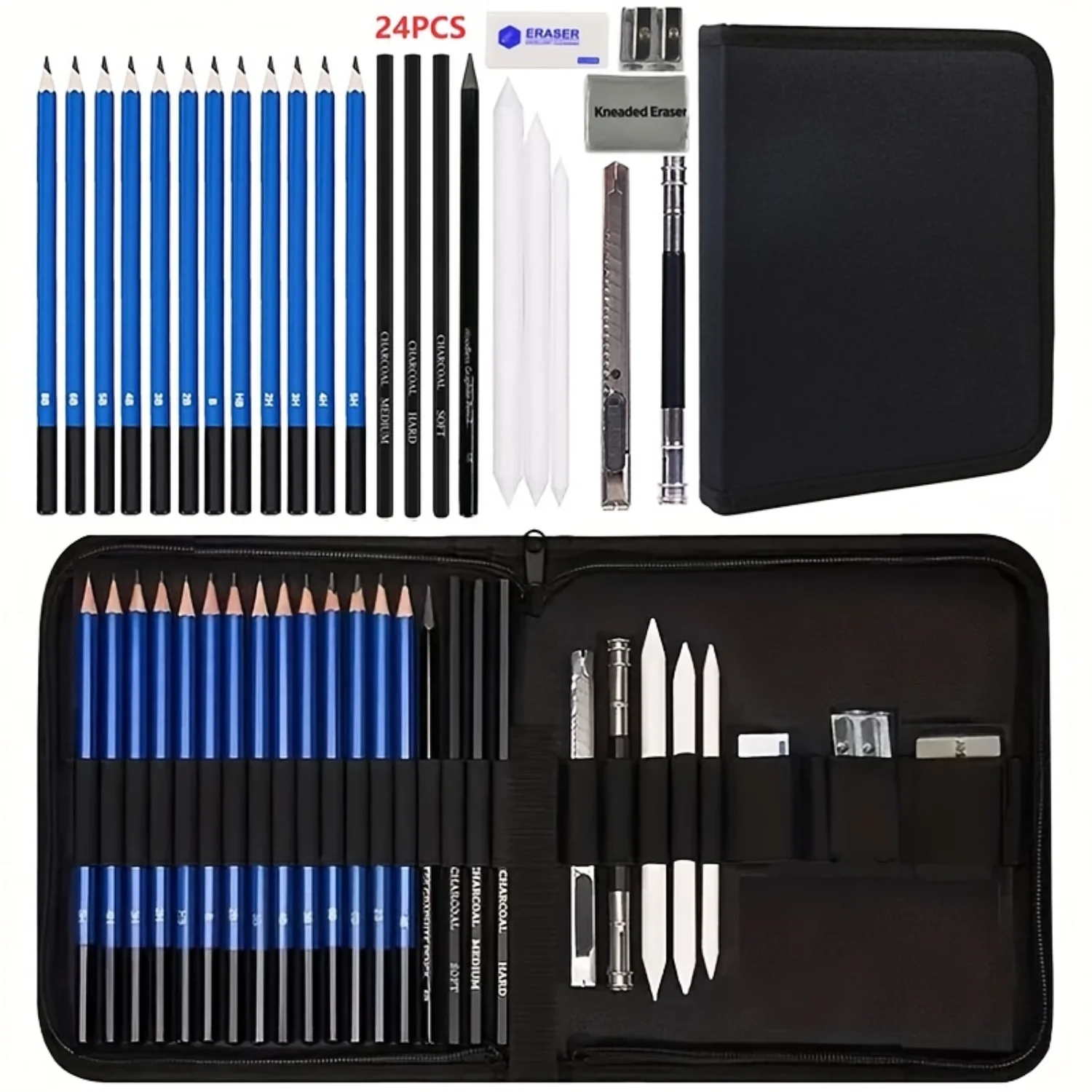 

Professional Sketching Pencil Set with Travel Case - Charcoal, Sketch, Stick, Sharpener, Eraser - Art Supplies for Artists, Begi
