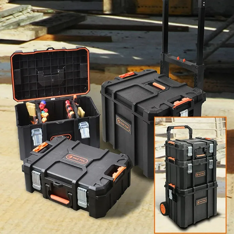 

TACTIX Home Toolbox Multifunctional Stacking Combination Storage Box with Drawer Industrial Vehicle Trolley Tool Cart