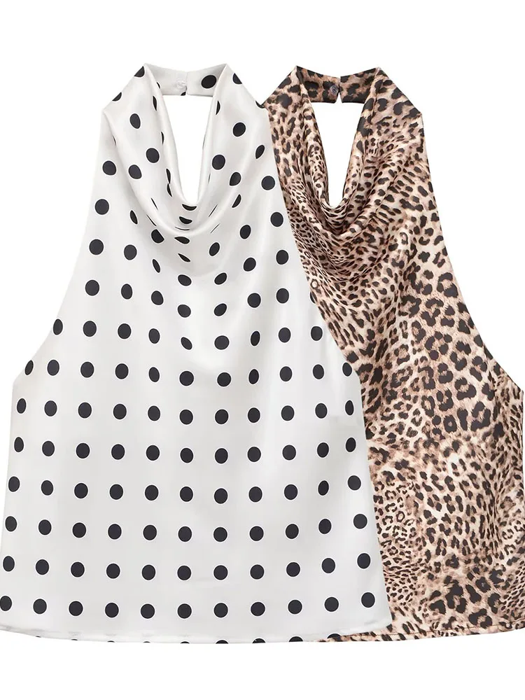 HH Women Summer Sophisticated Cowl Neck Halter Top Leopard Polka Dot Print Sleeveless For Holiday Vacation Dinner Party Wear