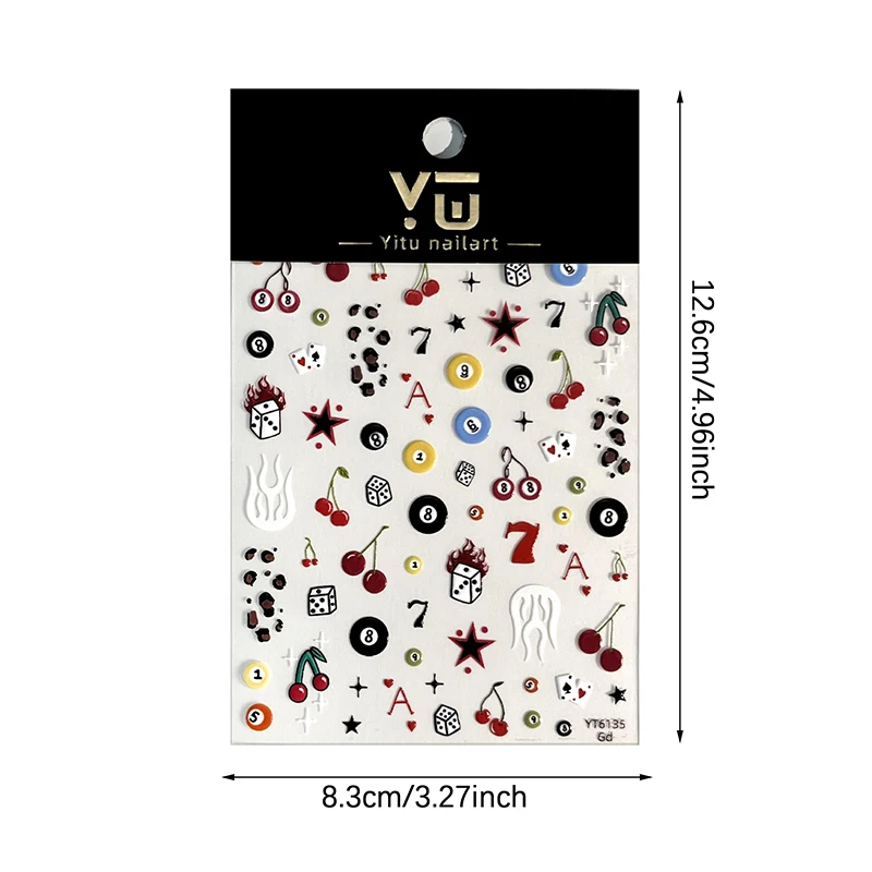 3D Embossed Cherry Nail Art Stickers Self Adhesive Pool & Dice Design Nail Art Decals Manicure DIY Accessories