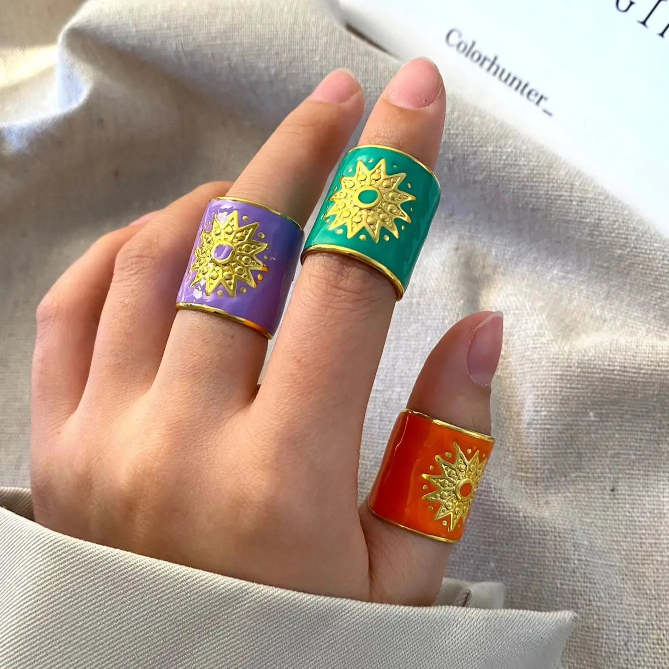 CARLIDANA Elegant Enamel Rings Stainless Steel Muti Color Sun Gold Plated Adjustable Open Rings for Women's Fashion Statement
