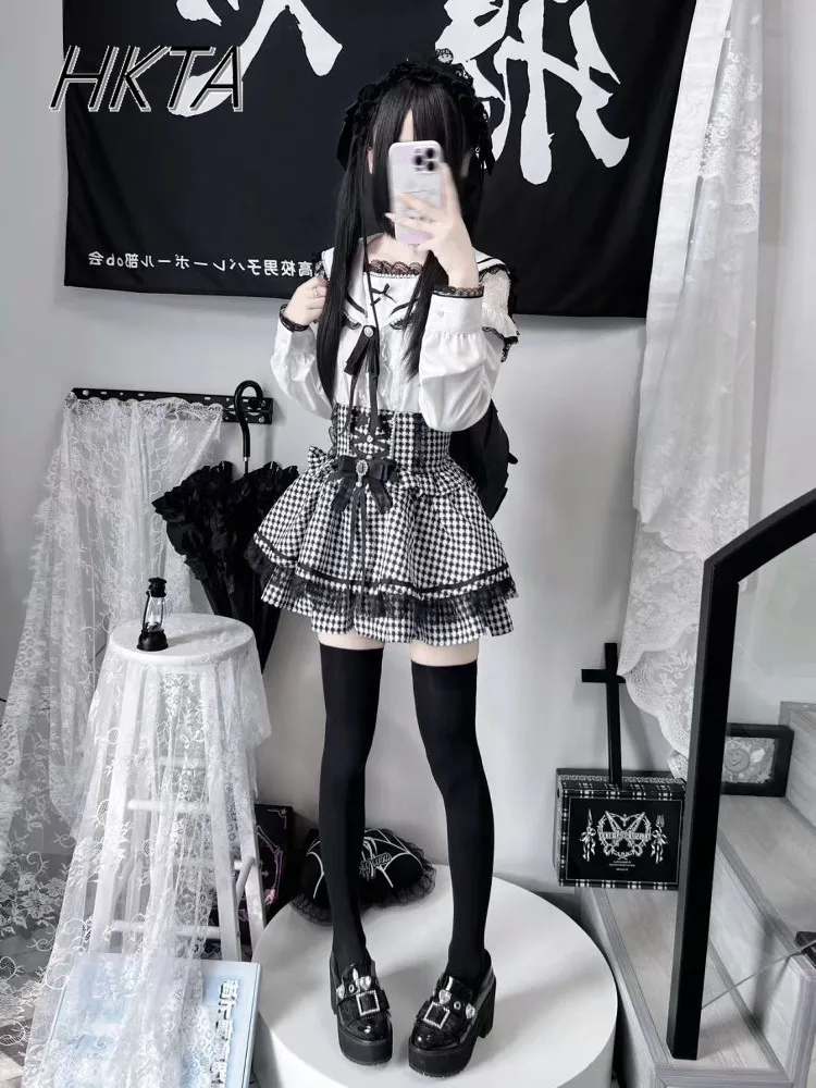 

Mine Mass-produced Black White Shirt Cute Sailor Collar Bow Lace Long-sleeve Blouse Girl High Waist Skirt Subculture Cos Camisas