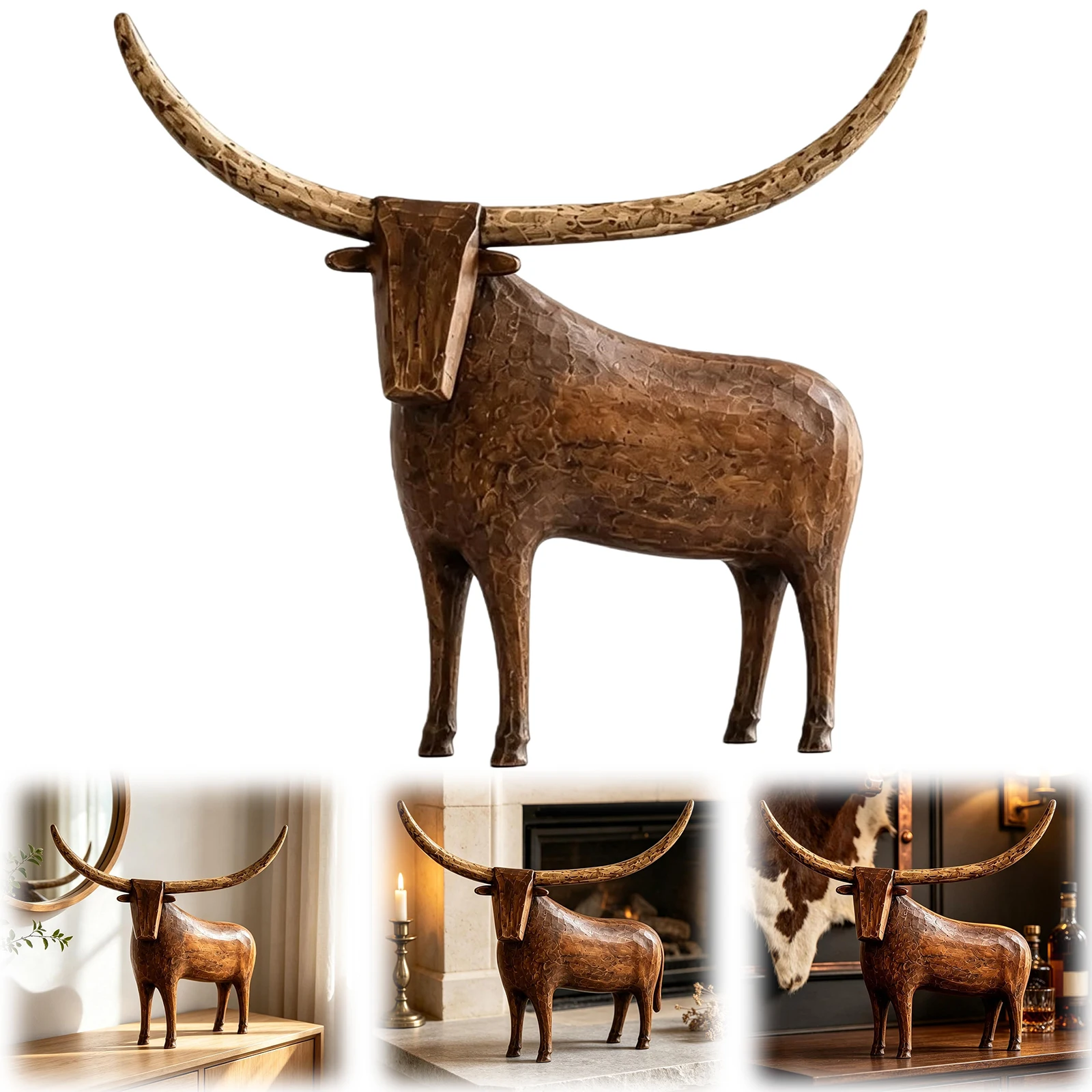 Vintage Antique Folk Art Longhorn Resin Sculpture Rustic Western Farmhouse Tabletop Mantel Figurine Brown Ivory