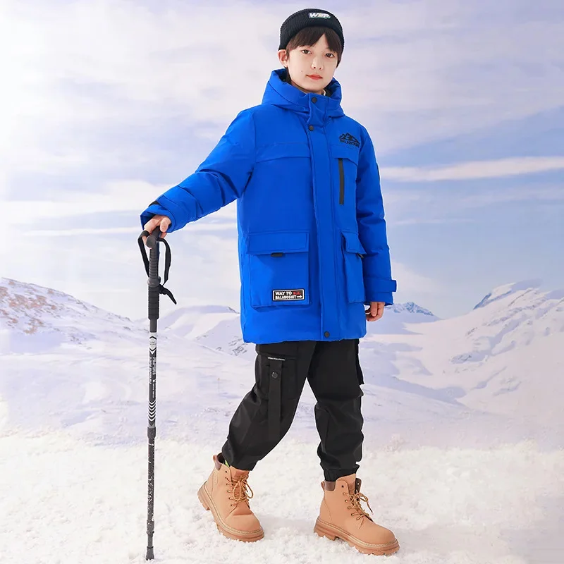 Kids Boys Girls Long Loose Thickened Duck Down Red Blue Black Baby Coat Teenagers Hooded Padded Jacket Clothes Winter