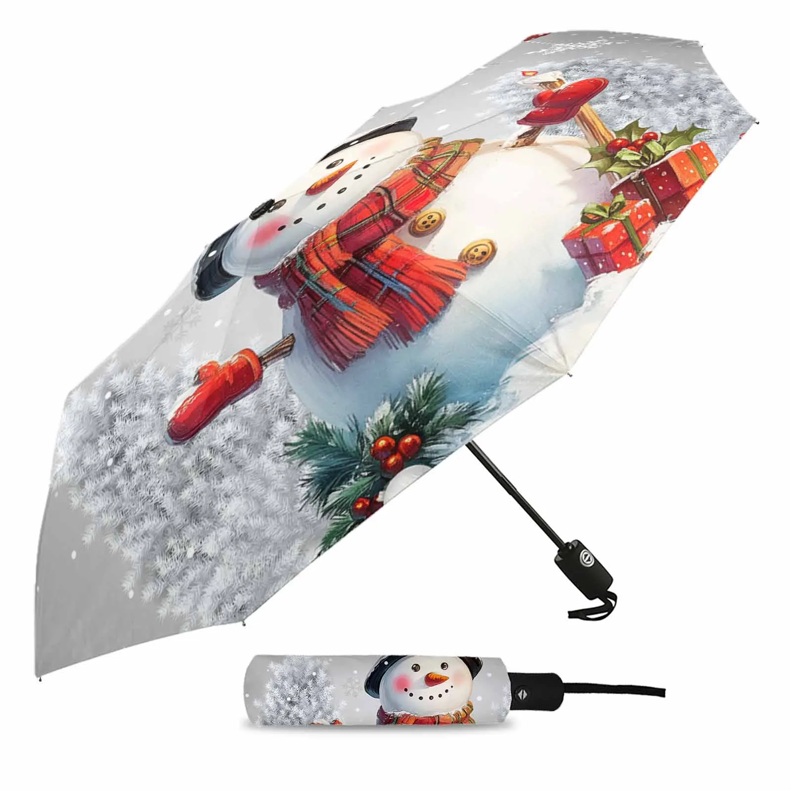 Snowman Pine Leaves Christmas Ball Fully-automatic Umbrella for Outdoor Kids Adults Umbrella Foldable Eight Strand Umbrella