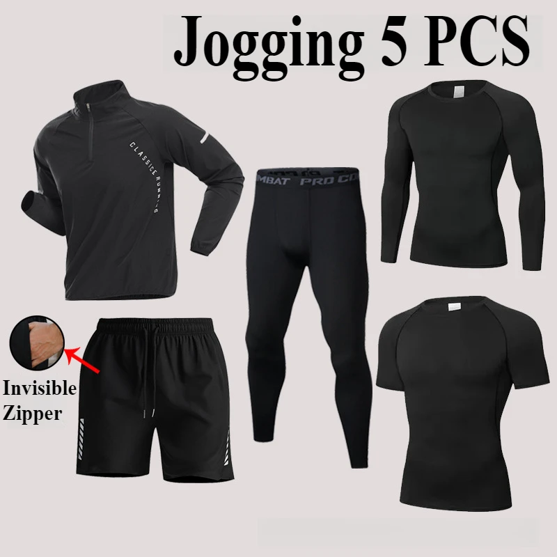 Mens 2025 Running Sets 5 PCS Performance Compression Sportswear Gym and Fitness Includes TShirt Windbreaker and Jogging Tights