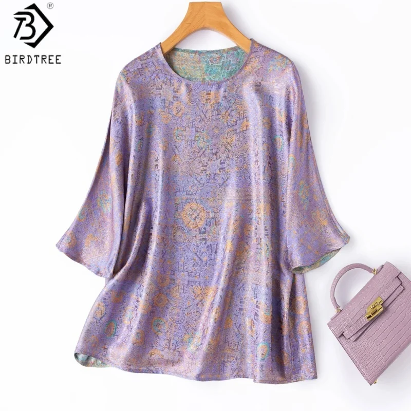 

Birdtree, 100% Real Silk Reversible Tshirt, Long Sleeve O-neck Tops, Women Jacquard Satin Loose Shirt, 2026 Summer New T65424JF