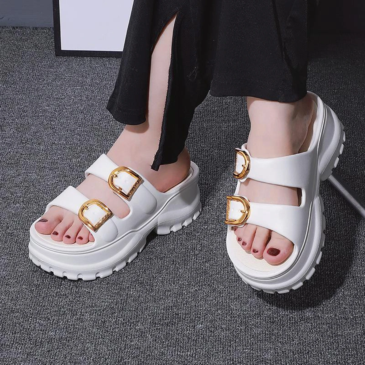 Soft High Heel Slipper Shoes for Women 2024 New Lady Button Slides Comfortable Summer Sandal Shoes for Women