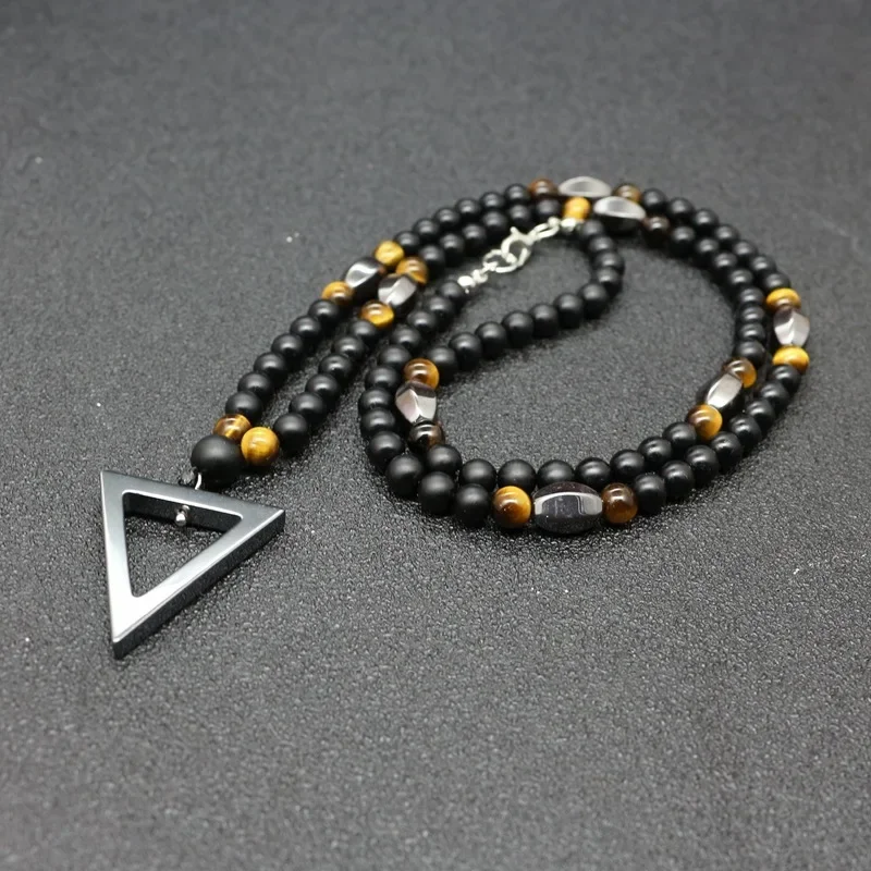 6MM Matte Black Gate Beads Necklaces Geometric Triangles Pendant for Men Long Beaded Chain Fashion Male Jewelry