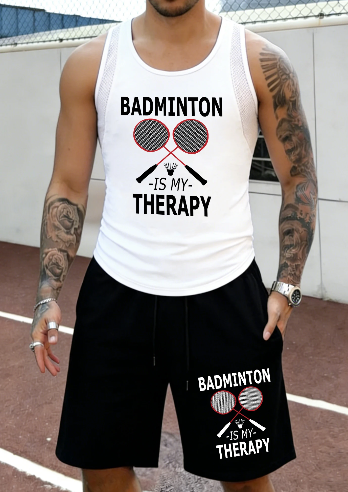 

Badminton Is My Therapy Prints Male Summer Mesh Basic Short Suits Loose Simple Vest All-Match Street Sportpants Outdoor Shorts