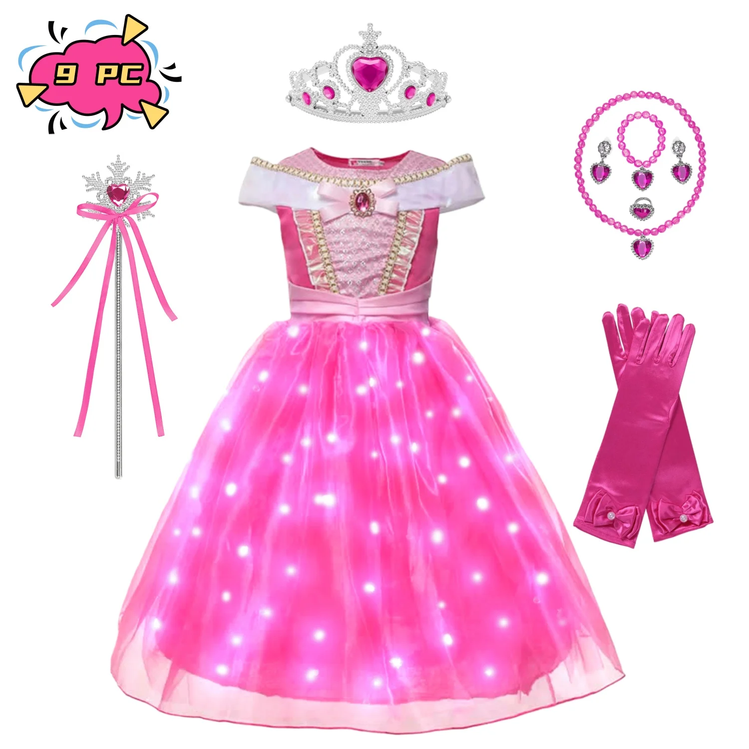 Girls Cosplay LED Light Dress Sleeping Beauty Aurora Princess Ball Costume Off Shoulder 2026 Kids Fancy Party Children Gowns image 3