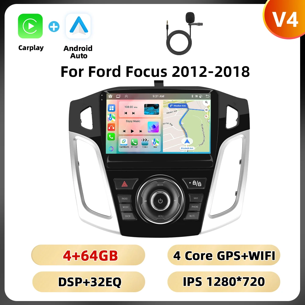 Podofo 2Din 8 + 128G Autoradio Voor Ford Focus 2012-2018 Multimedia Speler AI Voice WIFI 4G Carplay Android Auto USB Spiegel Link