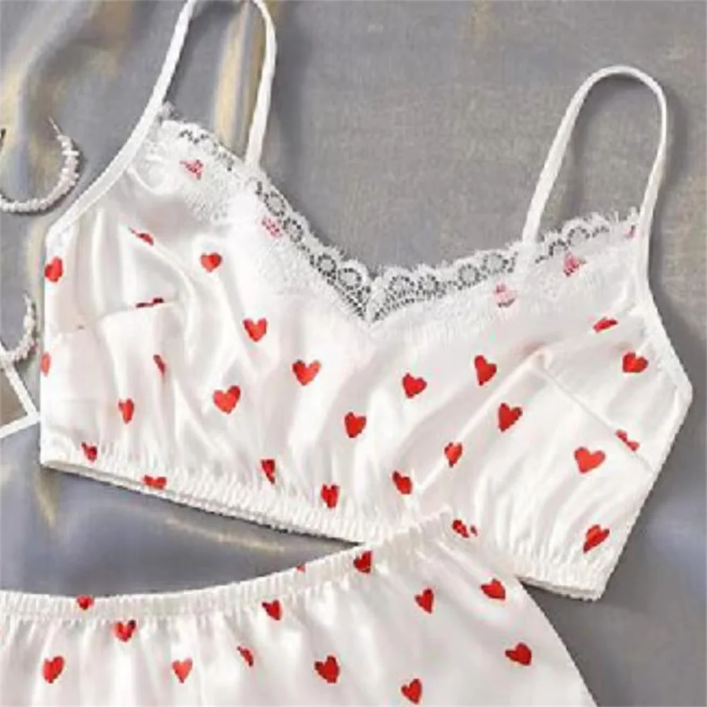 Women Sexy Lace Pajamas Set Silk Satin Sleepwear Summer V-neck Sleeveless Pijama Faux Silk Homewear Red Heart Print Nightwear