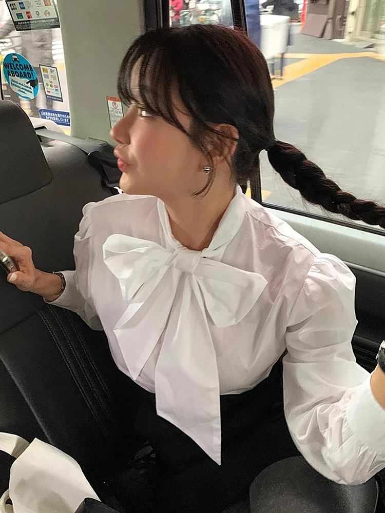

Chic Autumnal Gentle Personali Bow Design Versatile Loose Casual Long Sve Women's irt Top Korean Sle Loose Fit