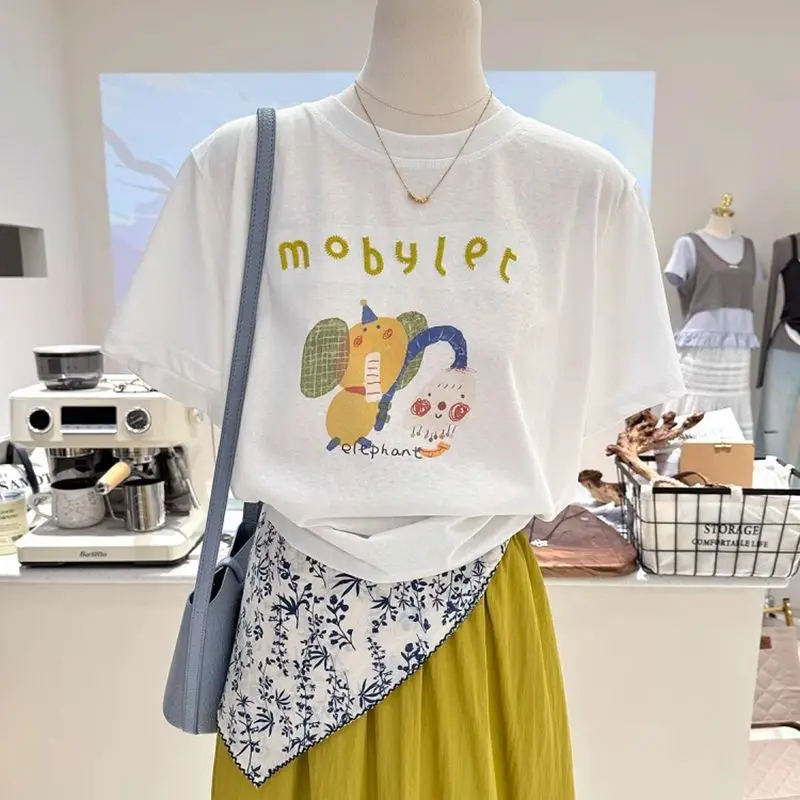 

Summer new loose slimming short sleeved Korean versatile cartoon age reducing printed base shirt thin T-shirt women's top
