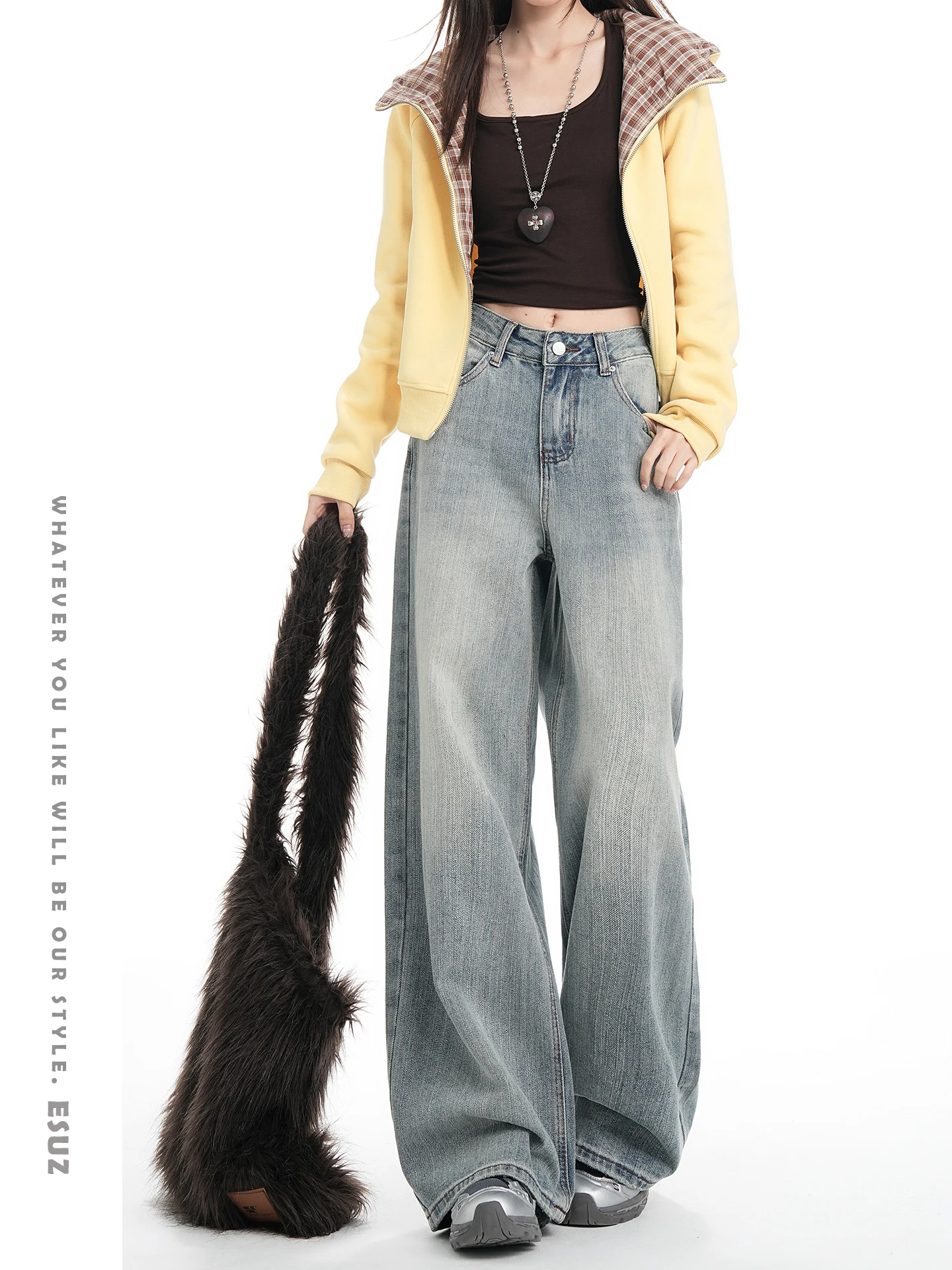 

American Style High Waist Wide Leg Jeans Women's Loose Fit Washed Denim Bamboo Fiber Autumn Winter New Arrival Casual Cotton ...