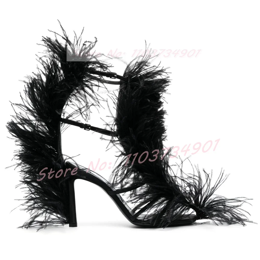 Fluffy Feather Square Toe Sandals Women Party Buckle Strap Stiletto High Heels Shoes Female Sweet Elegant Rose Red Sandals