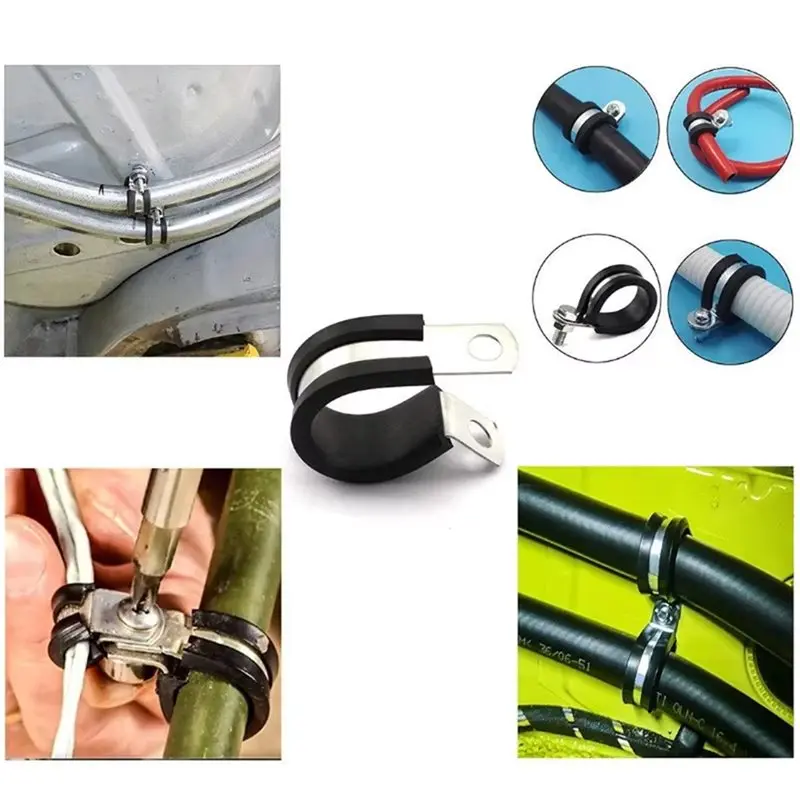 LNHF Rubber Cushion 304 Stainless Steel Cable Clamps Assortment Set 52Pcs Pipe Clamps For Wires Hoses Tubes Auto Marine Home