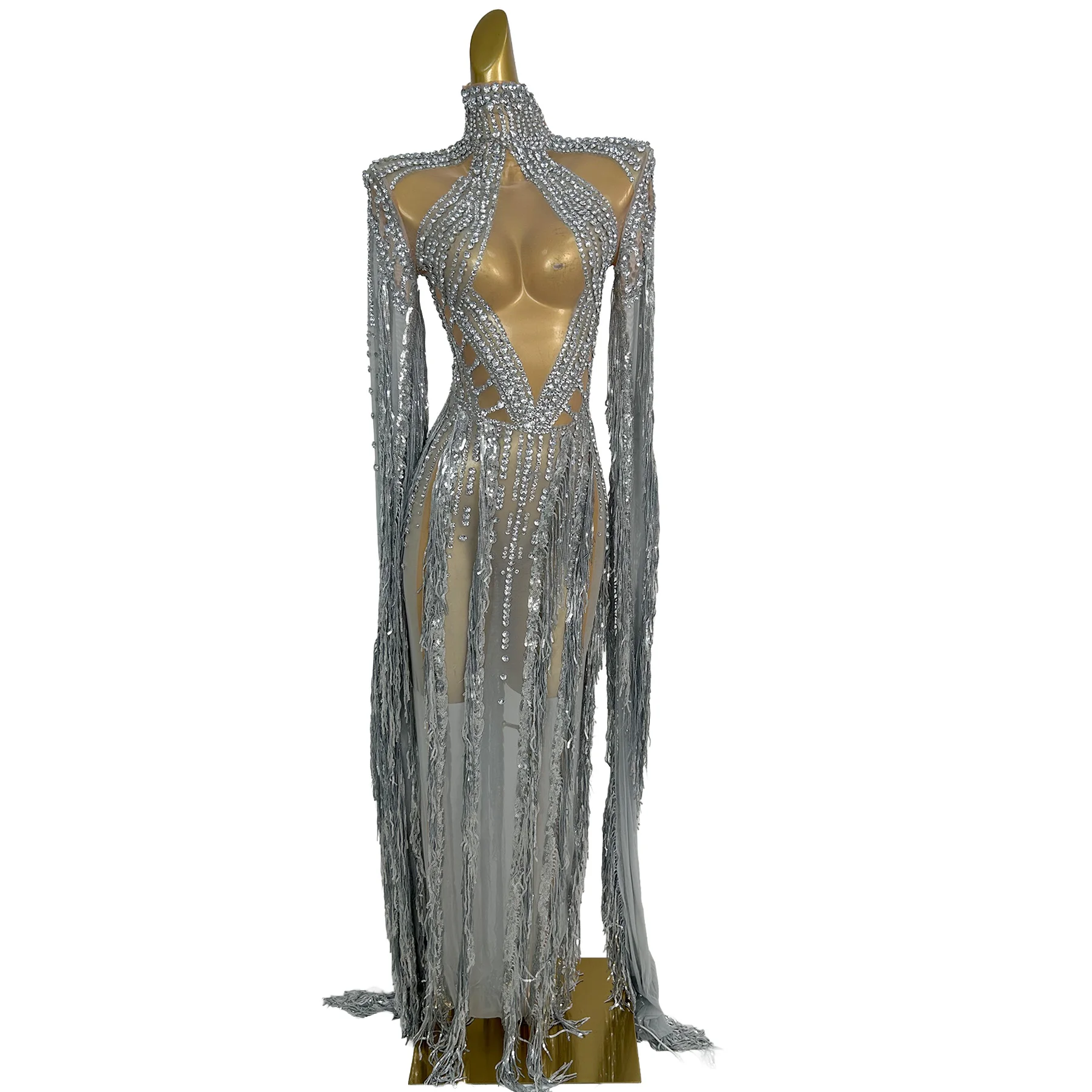 Tianhe Silver Rhinestone High Neck Mesh Gown with Long Fringe Sleeves and Cutout Details for Evening Performances