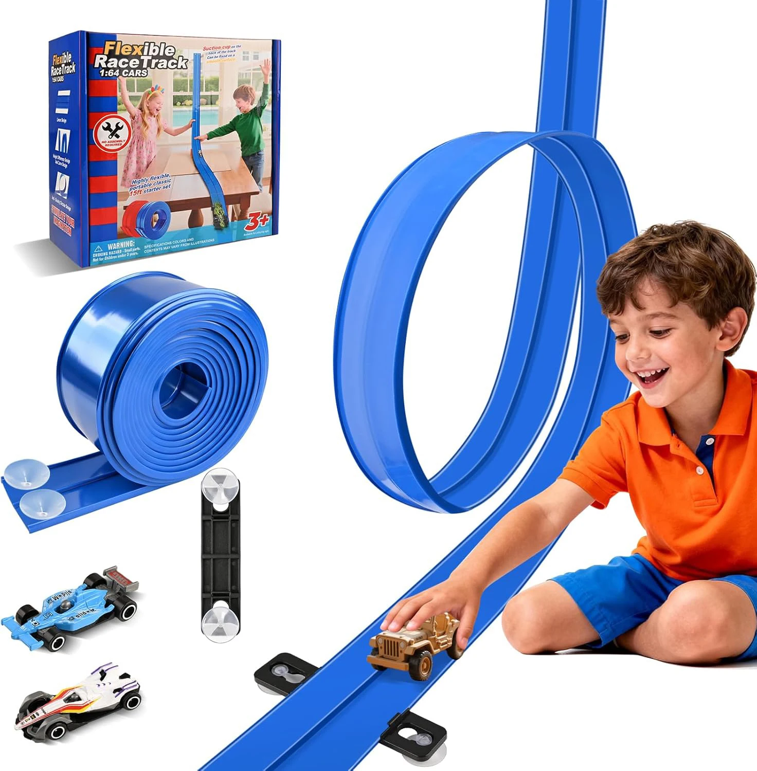 Flexible Race Track for Kids Portable Roll up Flex Track Race Cars with Suction Cups & Dual Orbits DIY Play Fun for Boys Girls