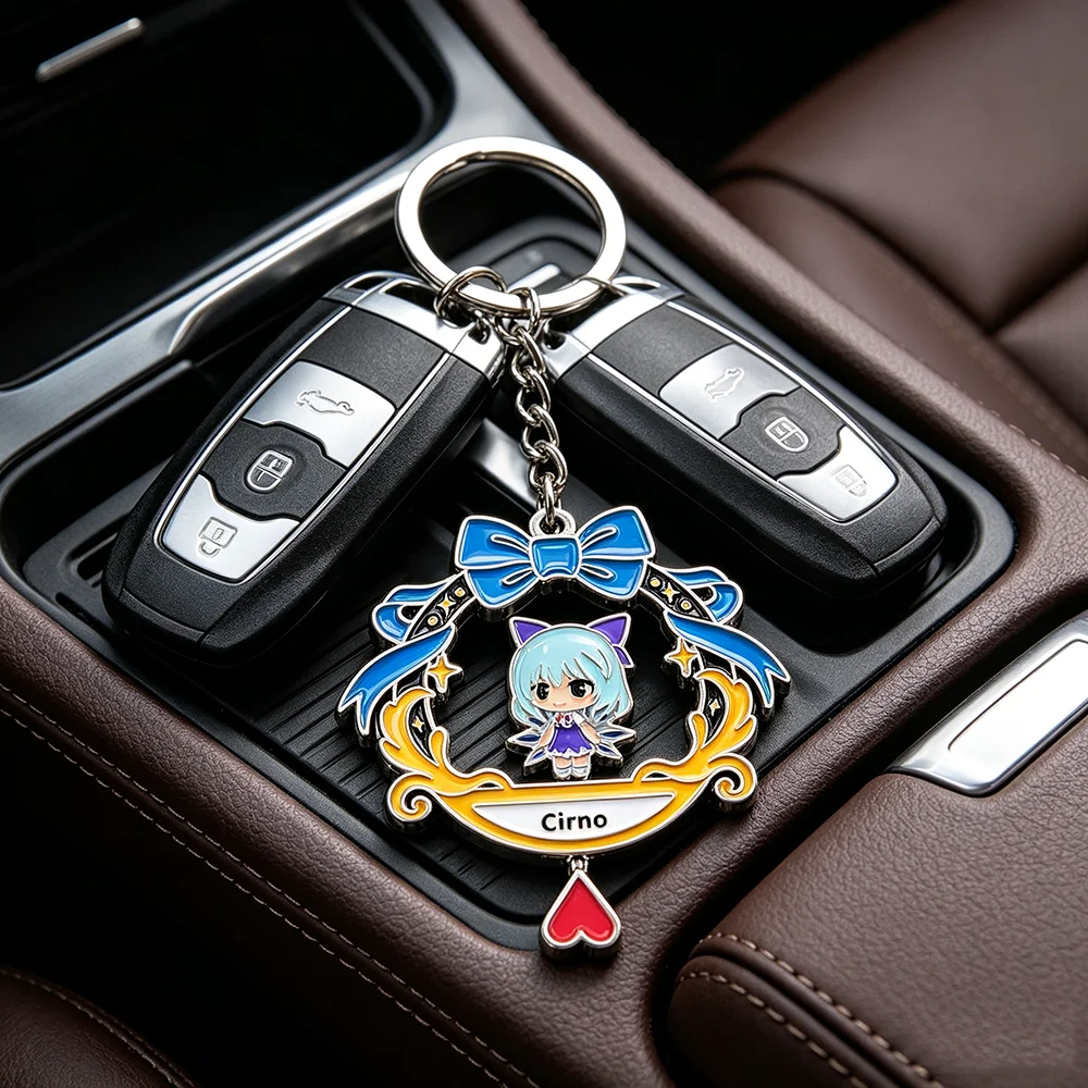 Anime Touhou Project Cirno Rotating Keychain Double Sided Spinning Ice Fairy Keyring Kawaii Figure Metal Pendant Bag Decor Fans