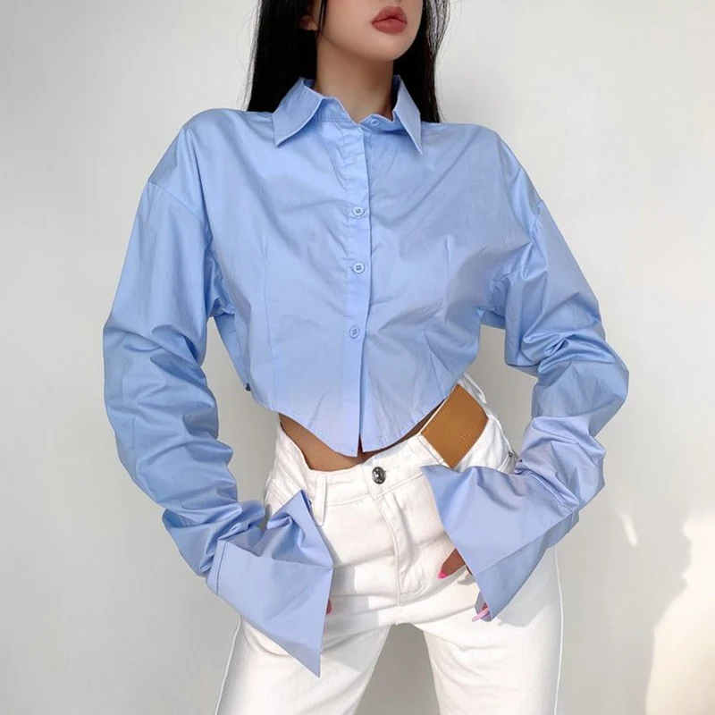 Korean Blue Women Shirt Sweet Preppy Style Slim Long Sleeve Female Blouse Spring New Fashion All Match Button Ladies Crop Tops