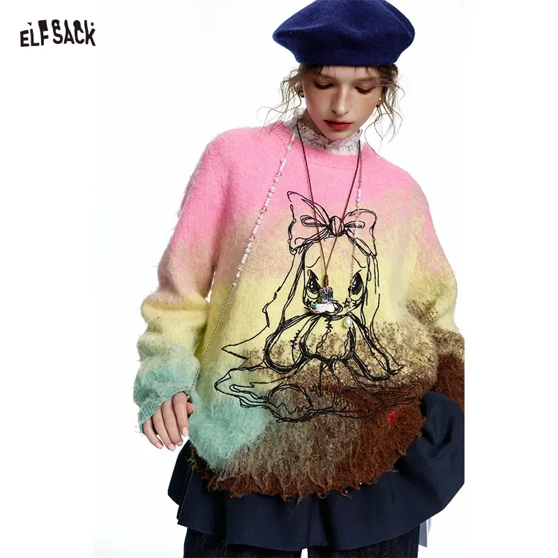 ELFSACK Women's Gradient Yarn Knit Pullover Long Sleeve Round Neck Embroidered Sweater Colorful Candy