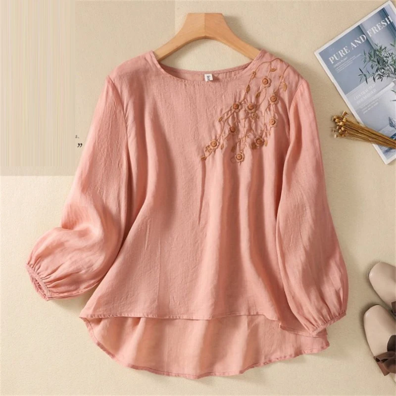 Women Trendy Vintage Embroidery Long Sleeve Cotton Linen T-shirt Female Simple Casual Solid O Neck Loose Irregular Pullover Tops