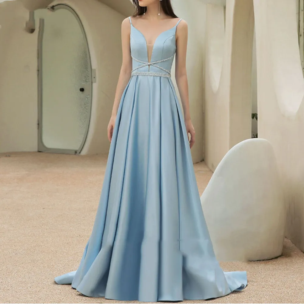 Gaun malam Formal tali Spaghetti biru, gaun pesta Prom kerah V dalam bentuk A Satin ritsleting kereta gaun Backless elegan