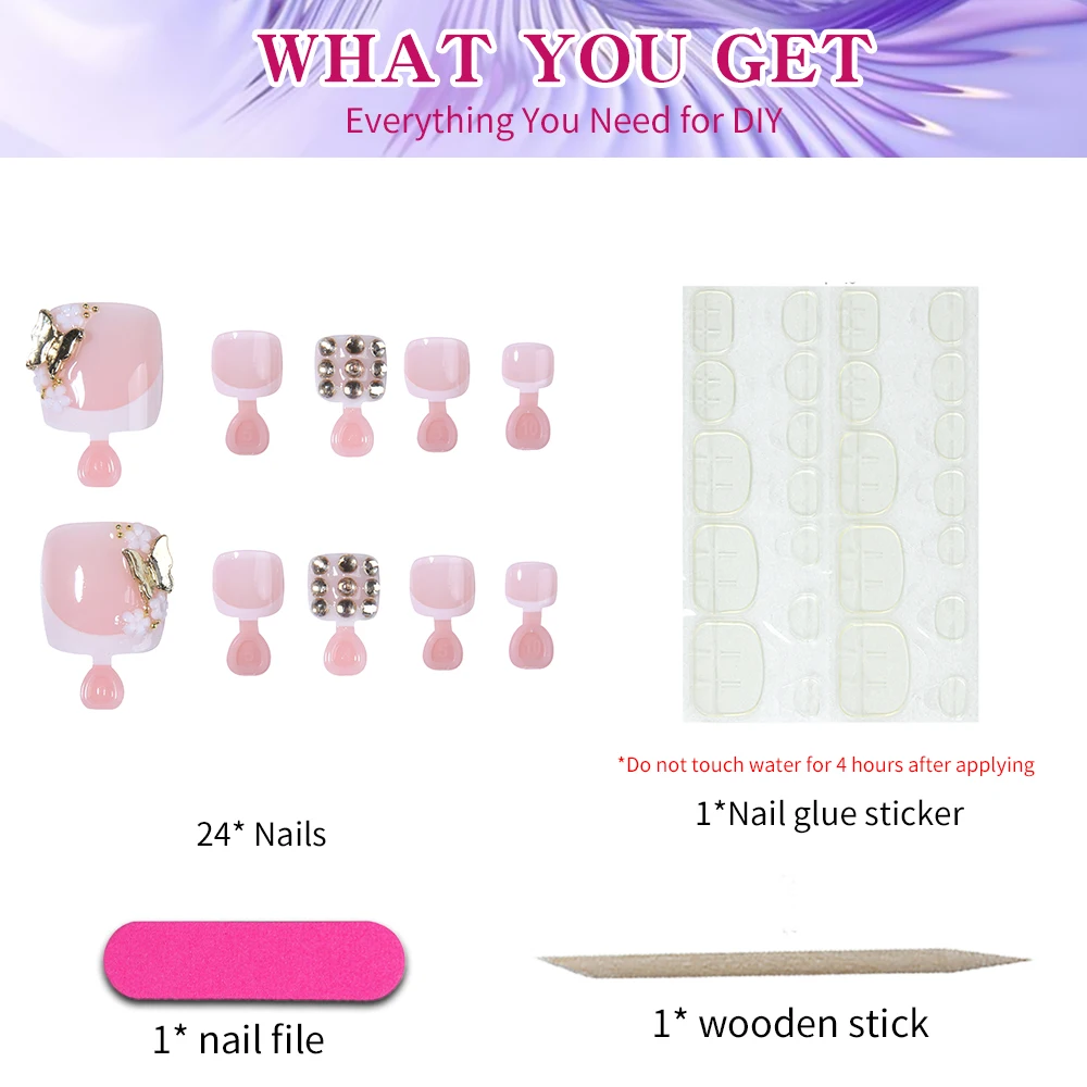 24 szt. Kwadratowe paznokcie sztuczne z motywem motyla i cyrkoniami, naklejane na paznokcie u stóp, krótkie, idealnie dopasowane, akrylowe paznokcie sztuczne.