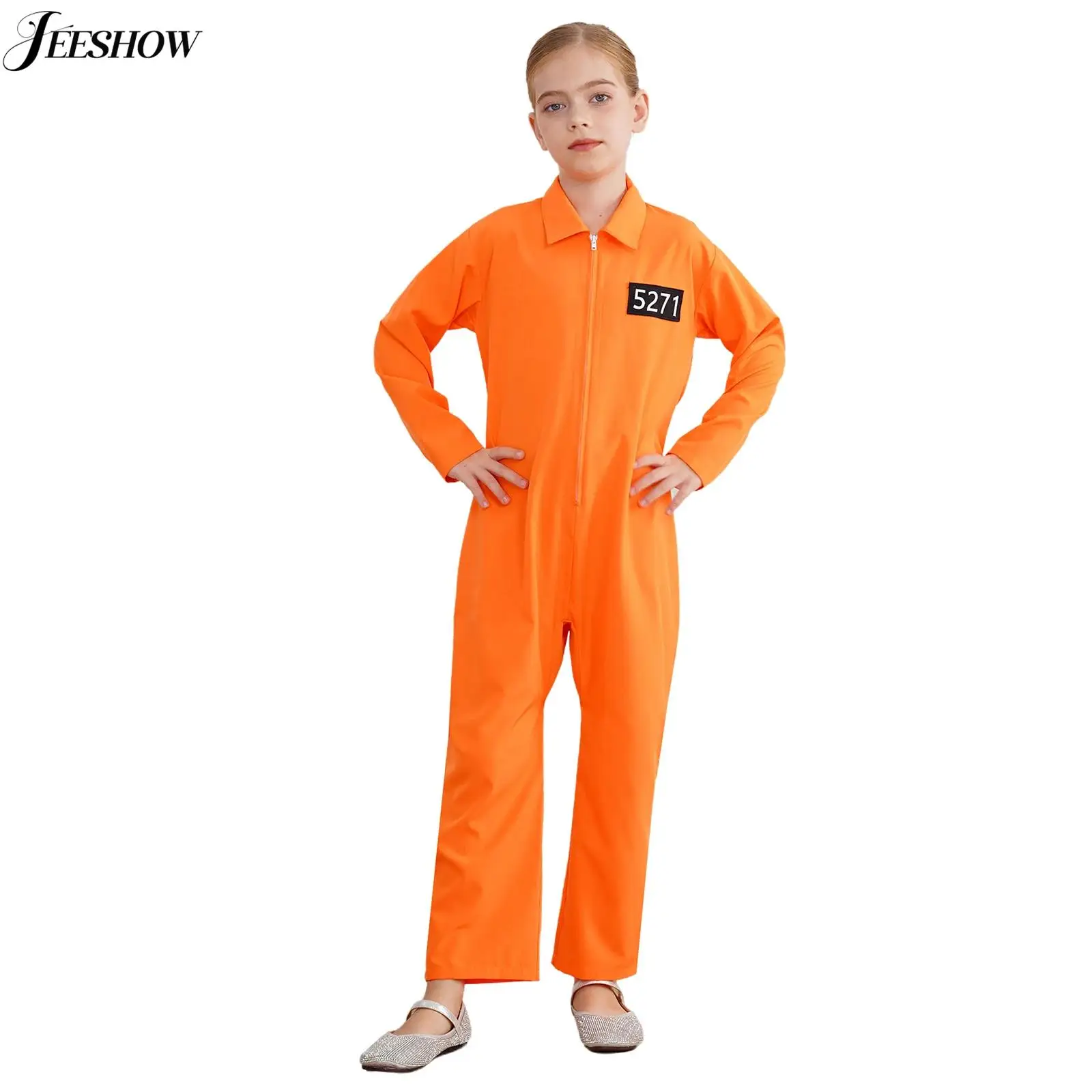 Kids Halloween Prisoner Costume Jail Inmate Uniform Jailbird Cosplay One Piece Outfits Long Sleeve Jumpsuit Roleplay Theme Party