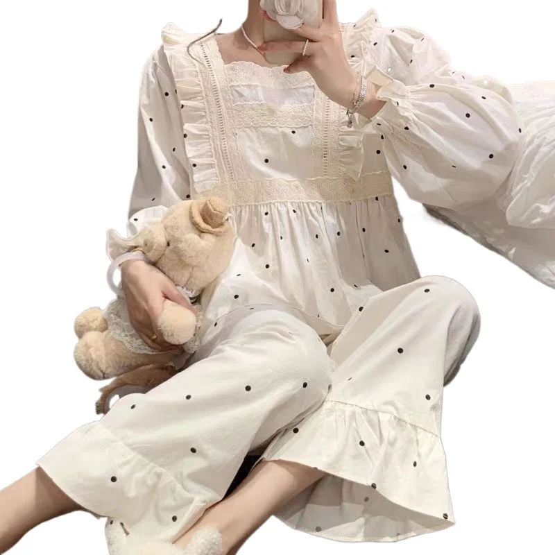 Polka Dot Sleepwear Women Pajama Sets Ruffles Piiama Korean Pants Sets 2 Pieces Square Collar Night Wears Autumn Home Suit New