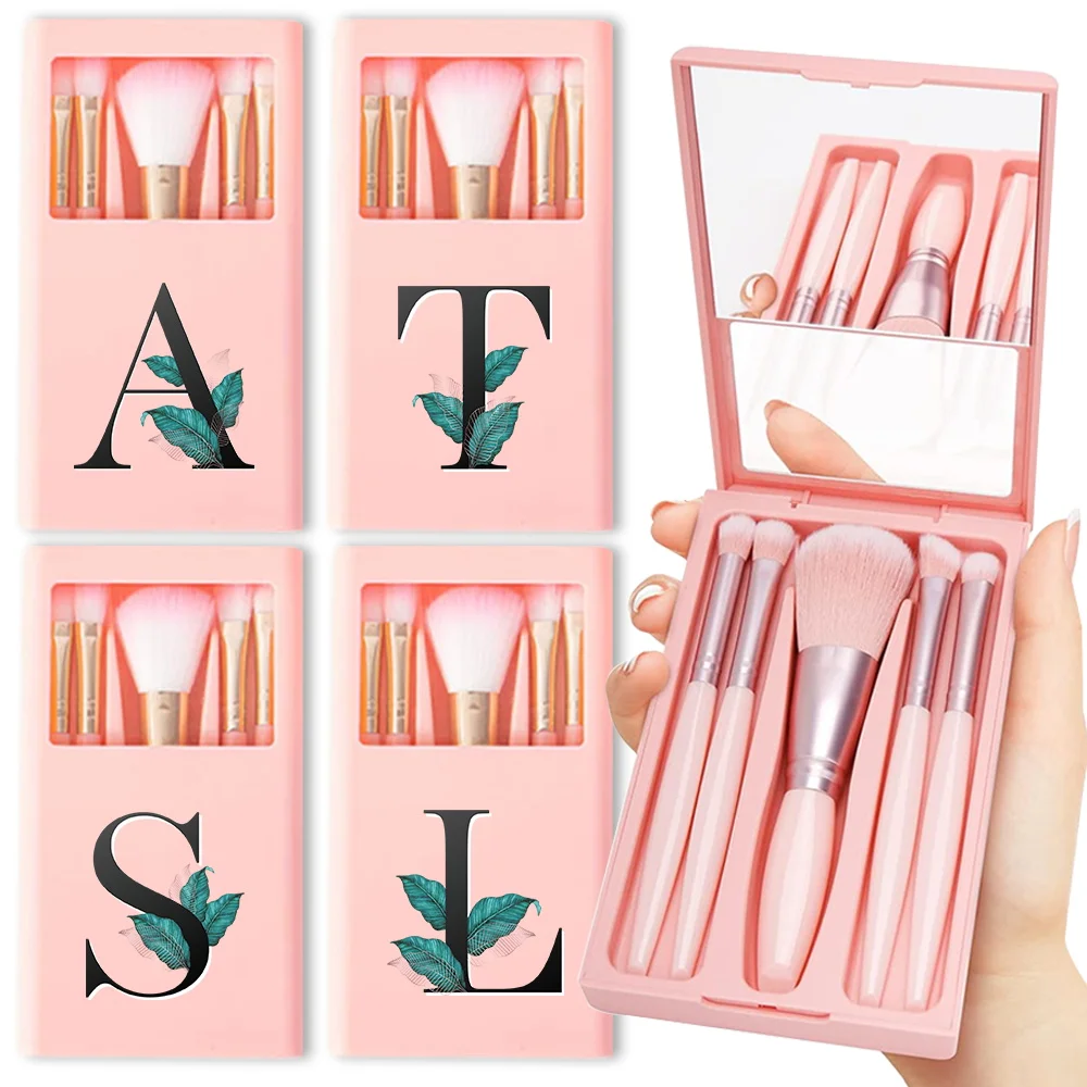 

5Pcs Cosmetic Brushes Kit Portable Makeup Brush Travel Set With Mirror Box Eyeshadow Brush Organizer Case Leaf Letter Pattern