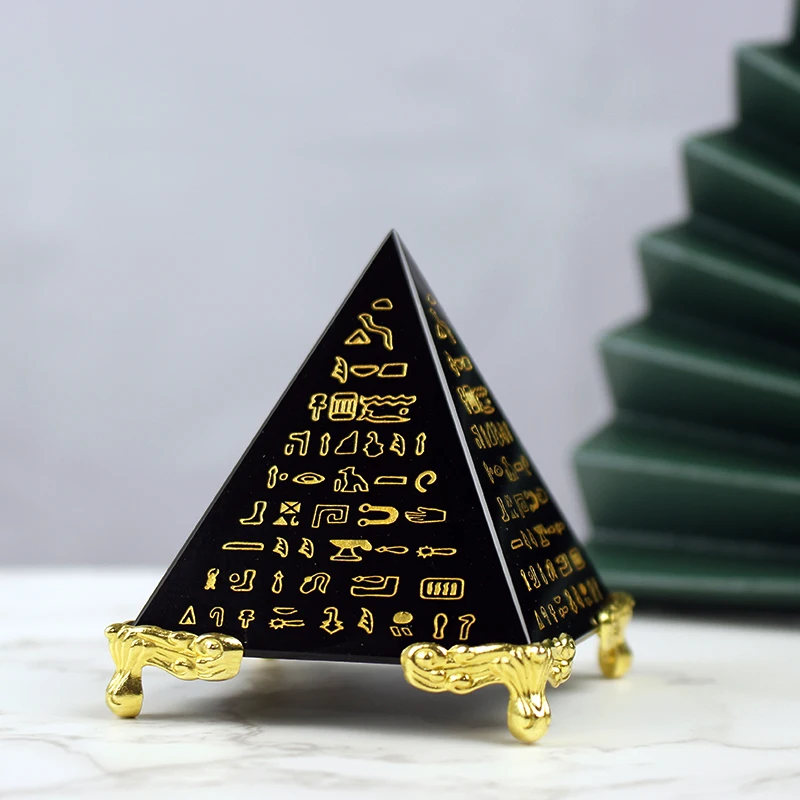 Obsidian Crystal Hieroglyphs Pyramid Feng Shui Yoga Energy Healing Crystal Ornament Paperweight Living Room Home Decoration