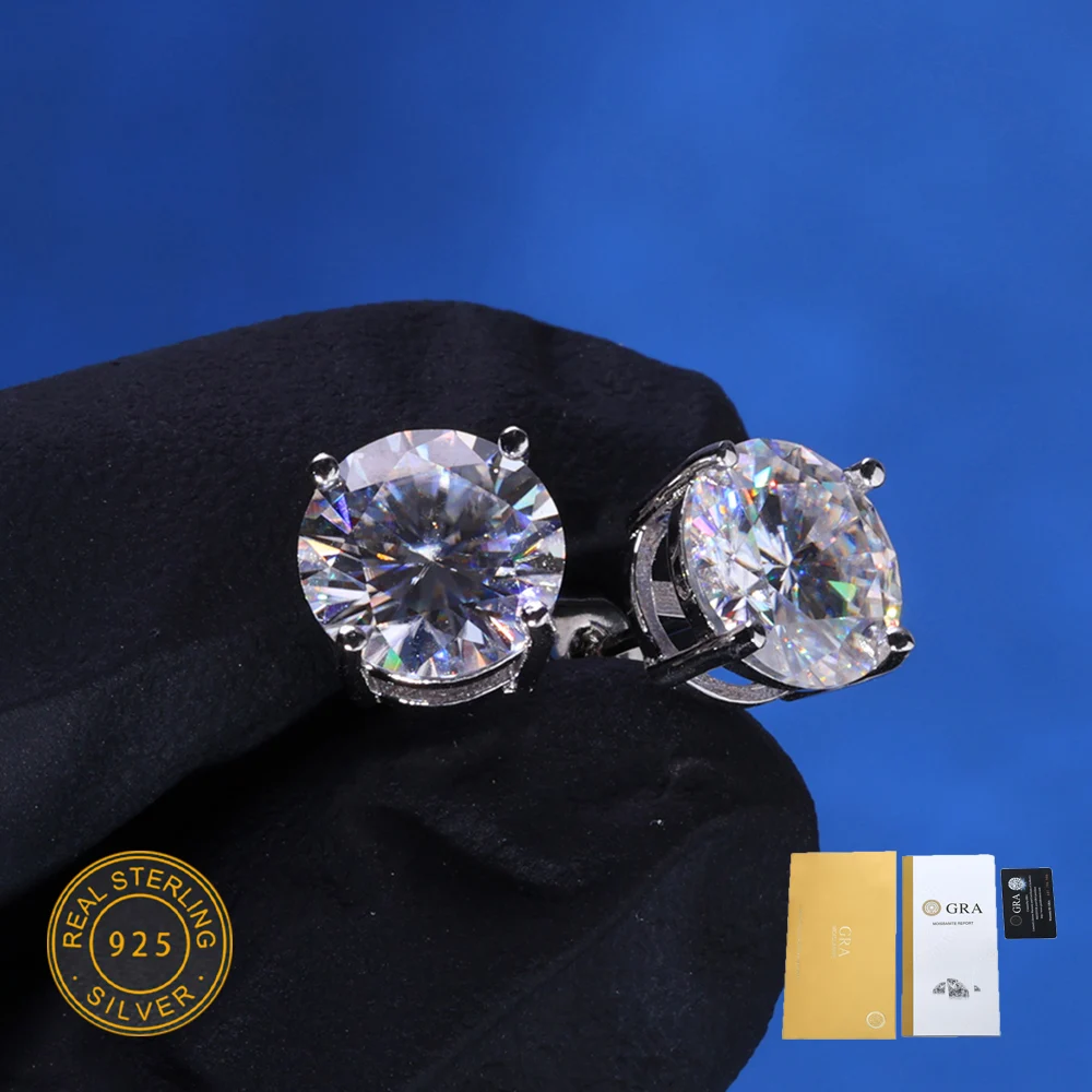 NY VVS Moissanite Stud Earrings 925 Sterling Silver 3-6mm Round Diamond White Gold Plated Ear Studs Fine Jewelry Gift