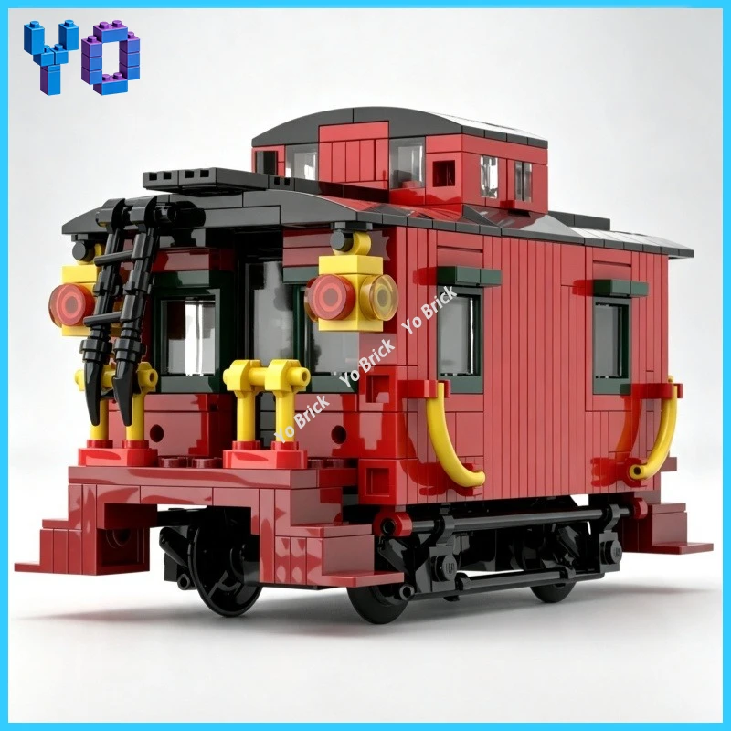 MOCRetro short train car building block set, red textured caboose, creative mini puzzle bricks, perfect for desktop decoration