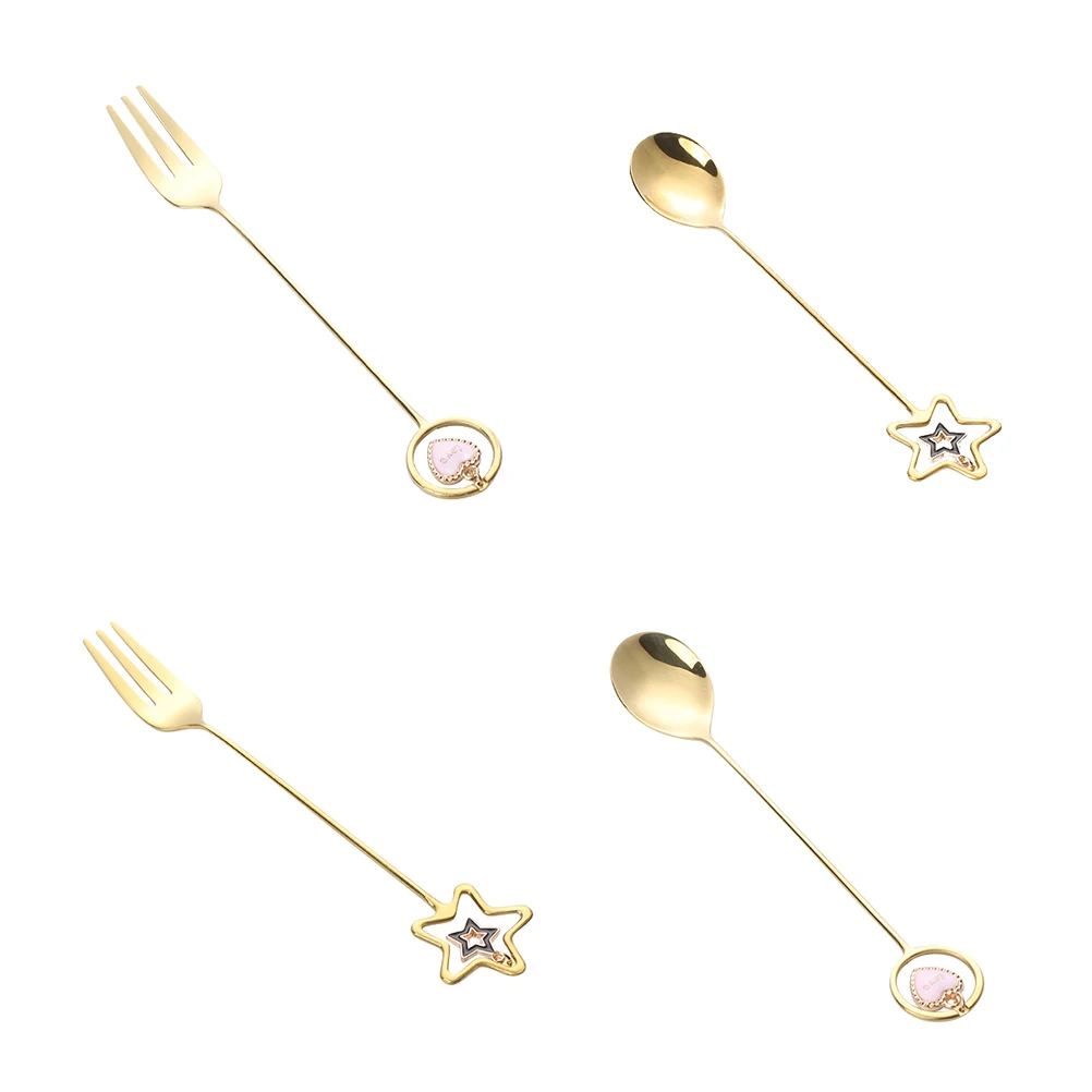

Stainless Steel Spoon Titanium-plated Heart-shaped Fork Christmas Tableware Xmas Party Dinnerware Star Pendant Gift