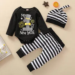 My First New Year Baby Boy Girls Clothes Sets for Newborn Baby Clothing Letter Print Romper+Striped Pants+Hat 3Pcs Outfits 0-18M