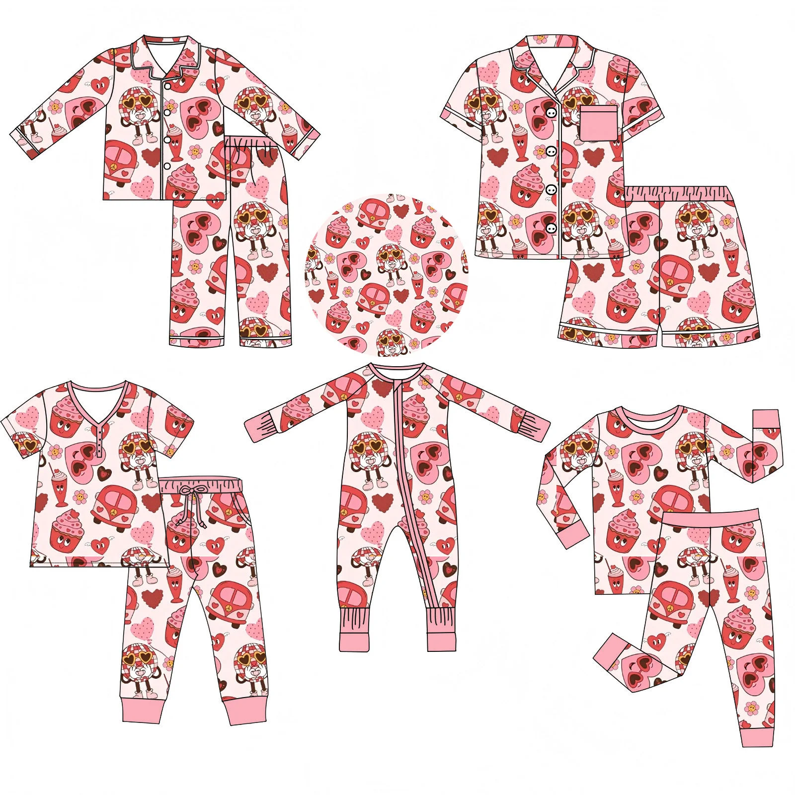 

Valentine's Day collared long-sleeved pajama set with heart-shaped car print 5 styles available children's clothing