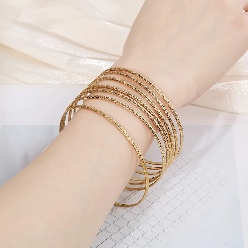Luxe Gold Plated Stainless Steel 68*2mm Bangle For Women Featuring Textured Smooth Designs Stackable Glamour Jewelry