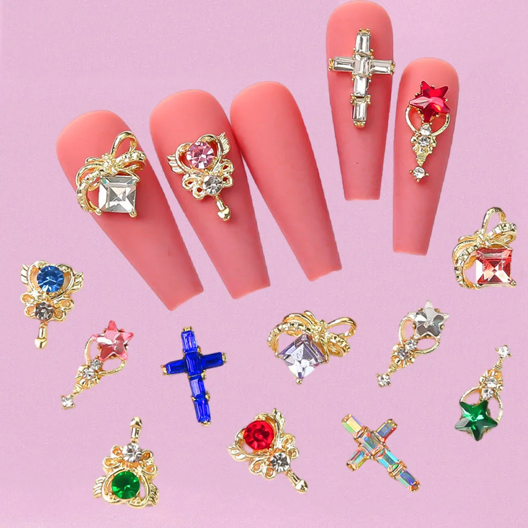 30 stuks Cupido Hart Sleutel Fee Wand Nagel Gem Decoratie Roze Hart Steentjes Nagel Charmes Zilverachtige Bas Kristallen Manicure Sieraden