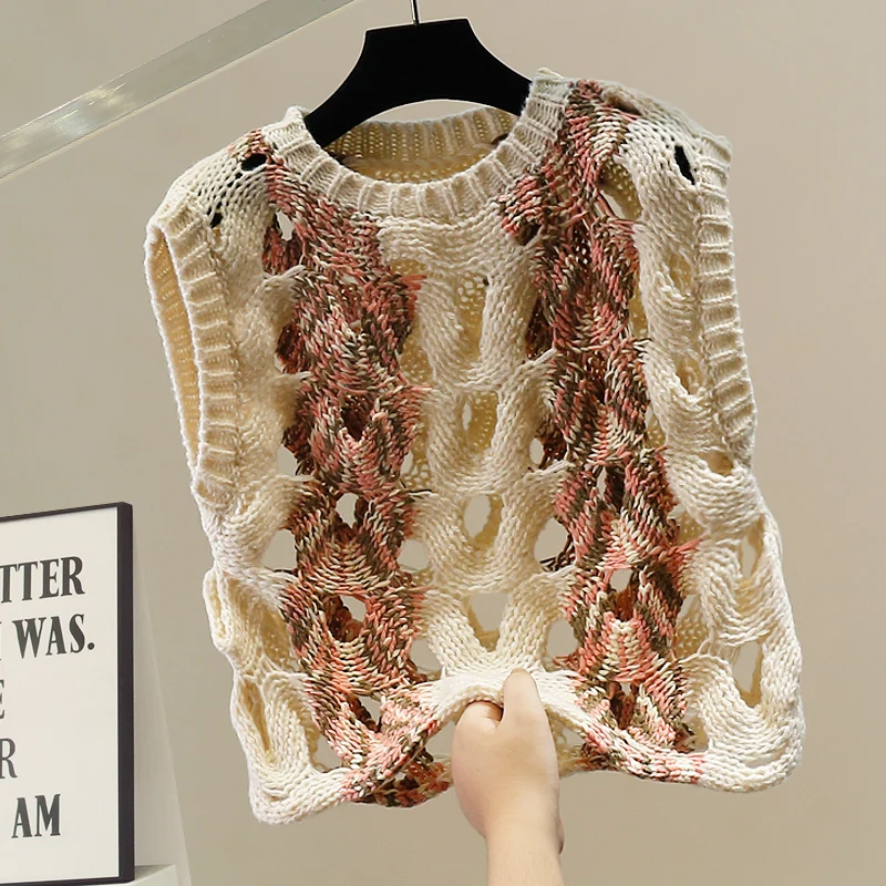 

New Fashion Heavy Craft Hollow Out Color Block Knitted Sweater, Design Sense Versatile Loose Fit Elegant Sleeveless Top Trendy
