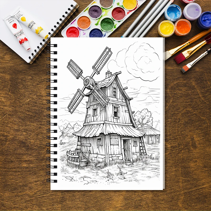 Libro da colorare per adulti Windmill - 8,3 x 11,2 pollici Libro da colorare da 32 pagine - Aiuta a ridurre lo stress e allevia le emozioni