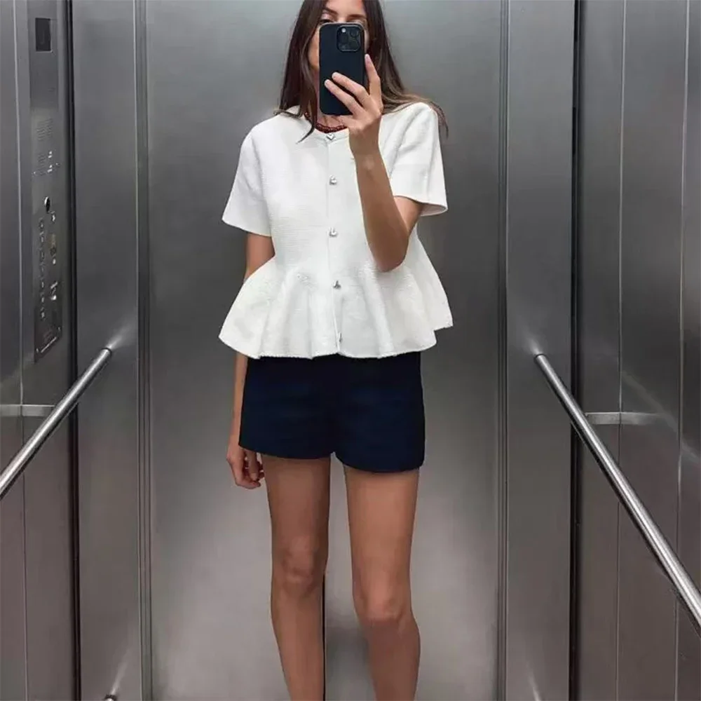 

Sweet White Round Neck Short Sleeves Single Breasted Wide Pleated Edge Design Women Short Knit Cardigan Spring New