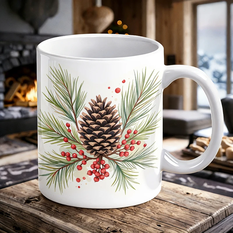 

Winter Pinecone Red Berry Handle Ceramic Mug, Fully Printed Coffee Cup, Insulated Milk Cup, Office Water Cup, Fade-Resistant