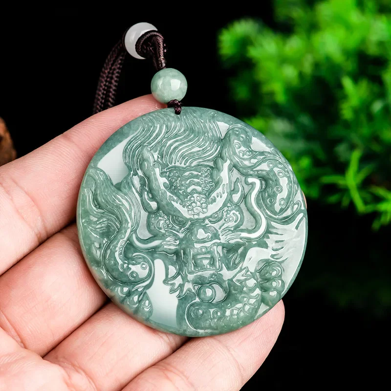 Natural A-grade Jade Dominant Dragon King Dragon Brand Zodiac Dragon Pendant Beans Jade Necklace Handcarved for Men Women