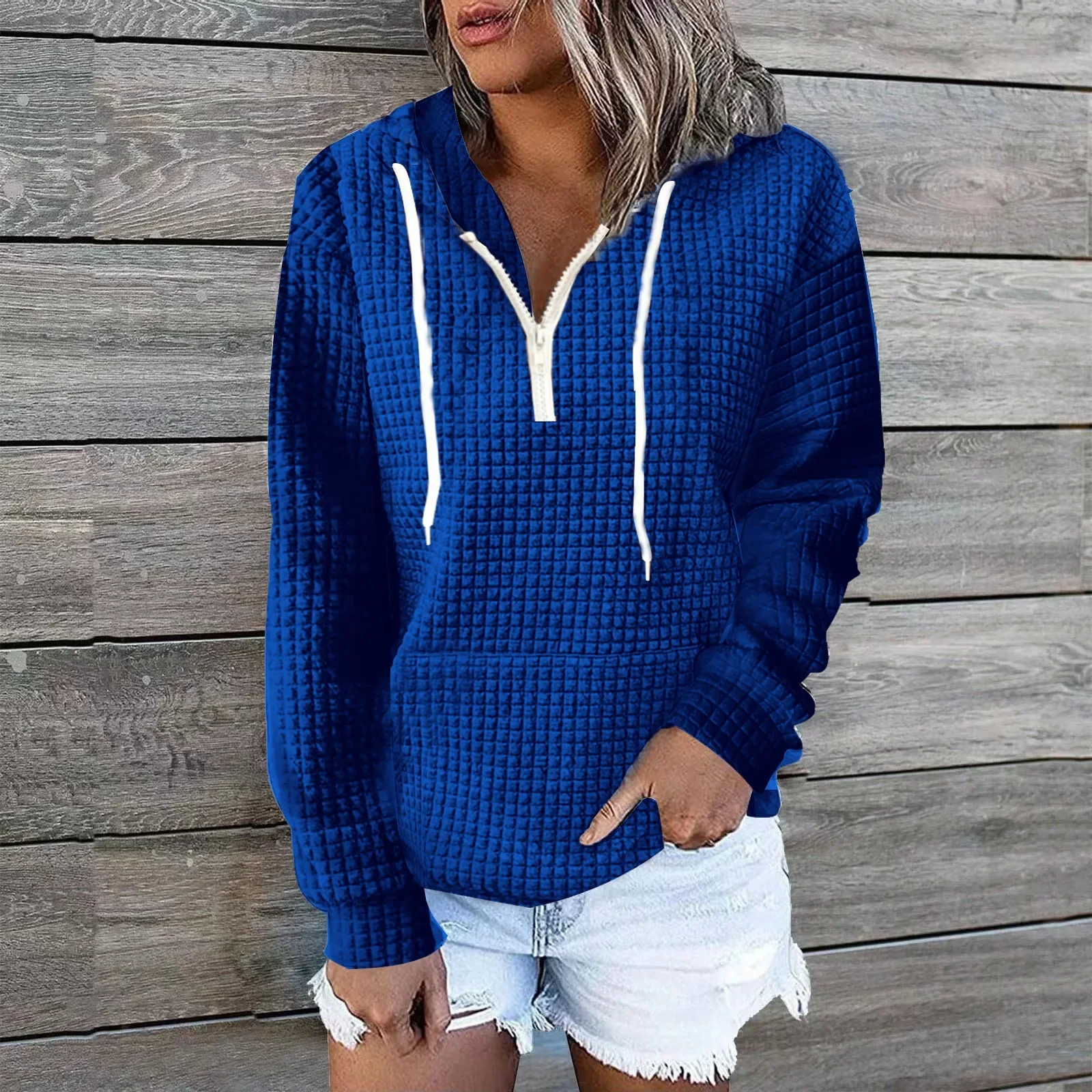 Waffle Knit Hooded Sweatshirt for Women V Neck Contrast Drawstring Long Sleeve Kangaroo Pocket Top